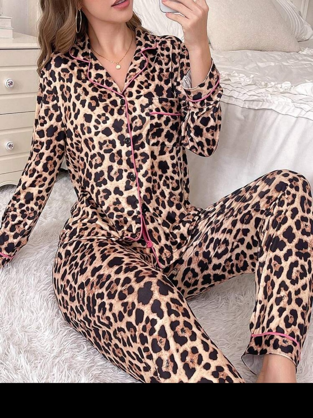 Designer Leopard Print Satin Pajama Set Pink Piping large - Picture 1 of 4